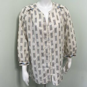 J.Jill Embroidered Easy Button-Front 3/4 Sleeve Cream Tunic Top medium NEW